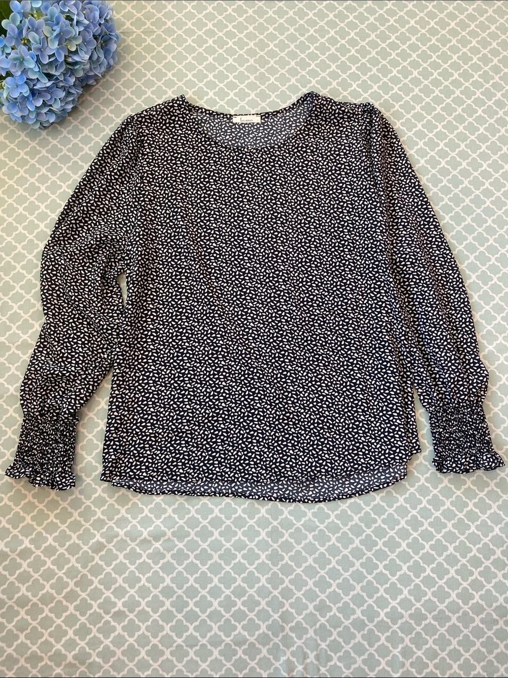 Les Amis Black Cream Dot Smocked Cuff Long Sleeve Blouse L